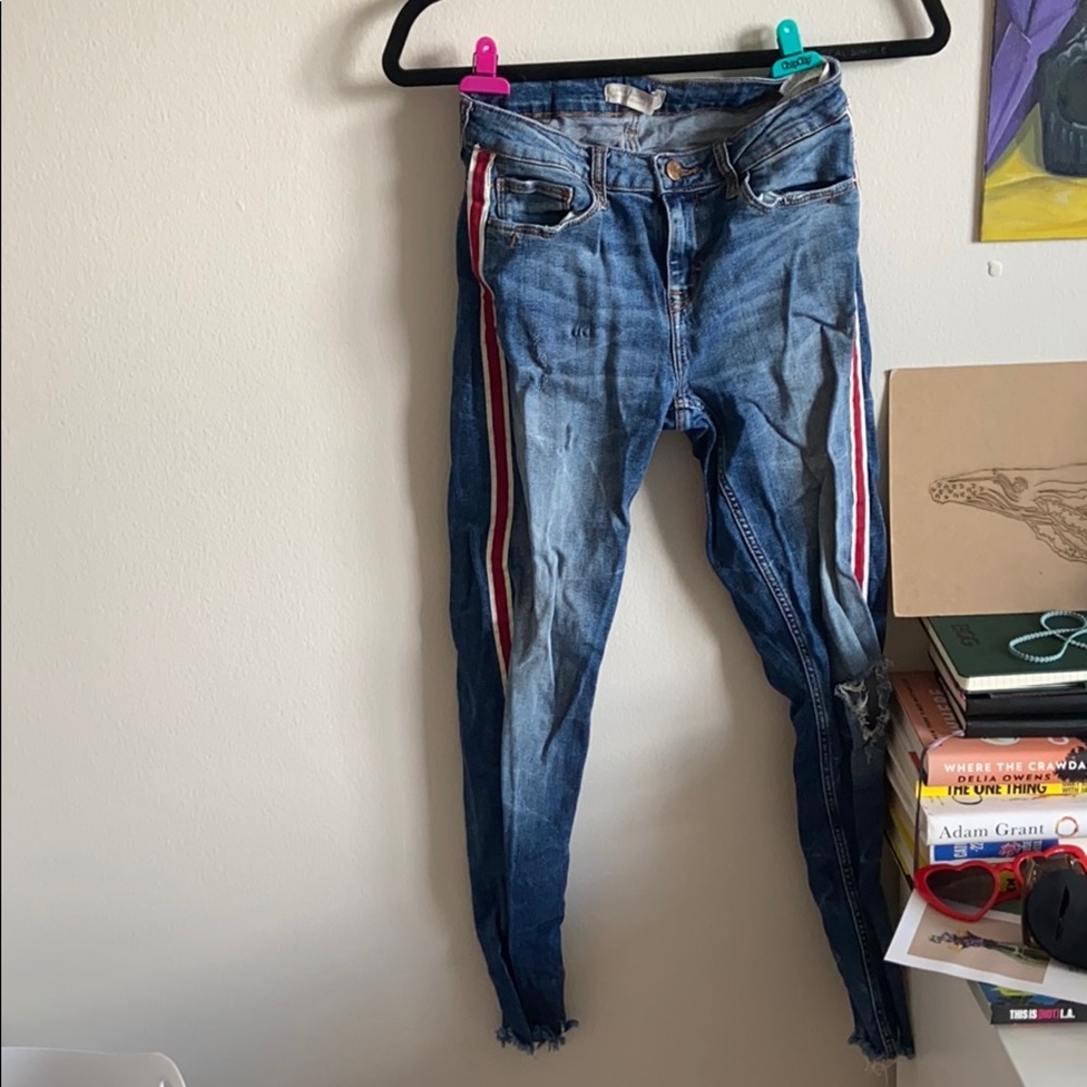 Zara Red Striped Distressed Denim Jeans